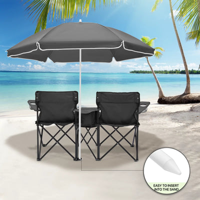 Magshion Portable Double Folding Chair with Removable Umbrella, Cooler Bag & Carry Bag, for Beach Camping Picnic, Black