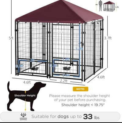 5' x 5' x 5' Dog Kennel Outdoor with Rotating Bowl Holders, Walk-in Pet Playpen, Welded Wire Steel Dog Fence with Water-and UV-Resistant Canopy, Black and Red