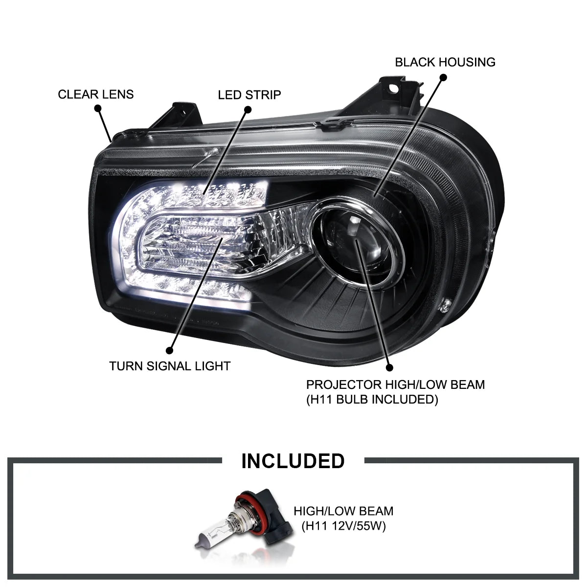 Spec-D Tuning Black LED Strip Projector Headlights Compatible with 2005-2010 Chrysler 300C/300C AWD/HEMI/SRT-8, Left + Right Pair Headlamps Assembly