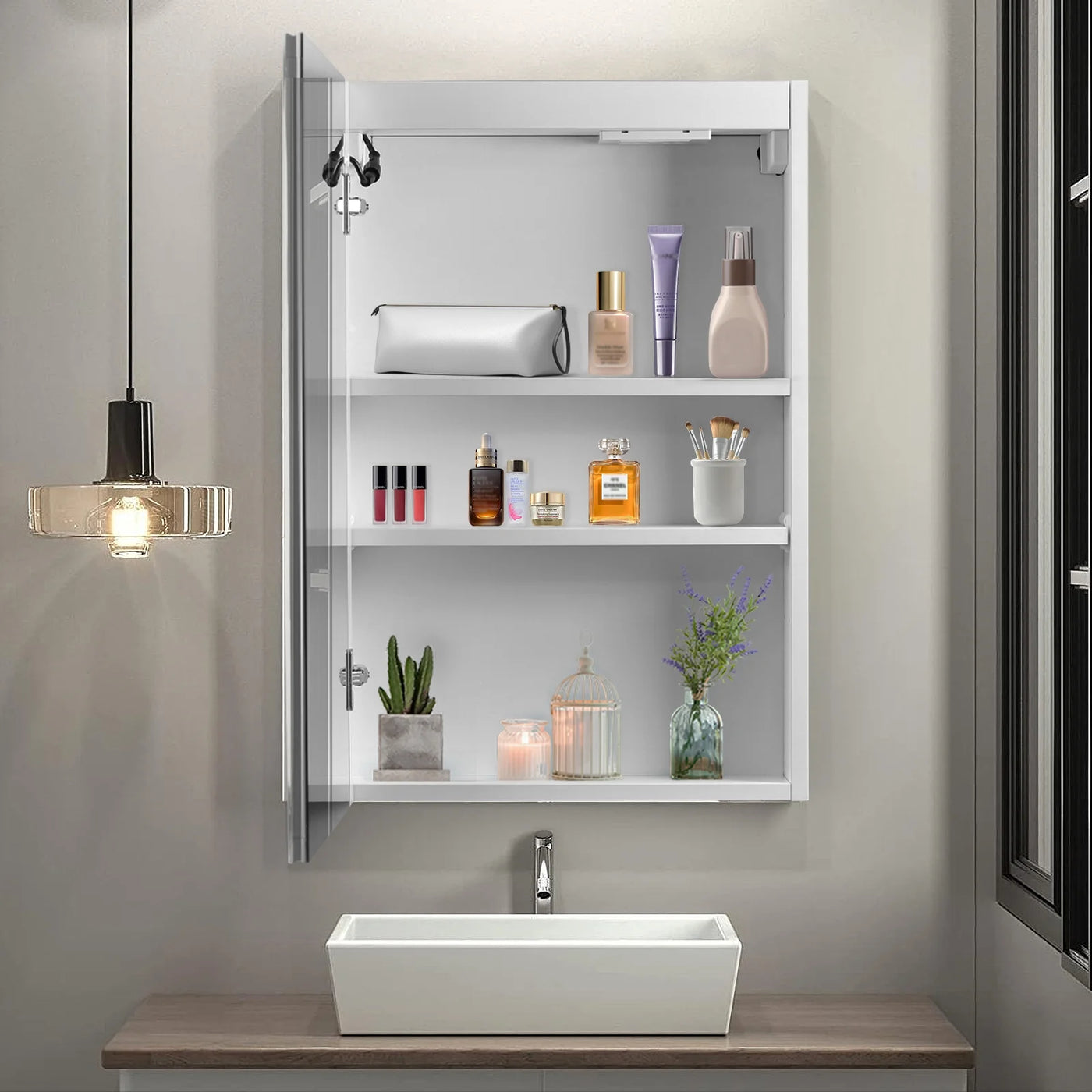 LED Bathroom Wall Cabinet with Single Door and Mirror, White Finish - Storage, Illumination, Space-saving - Ideal for Small Bathrooms