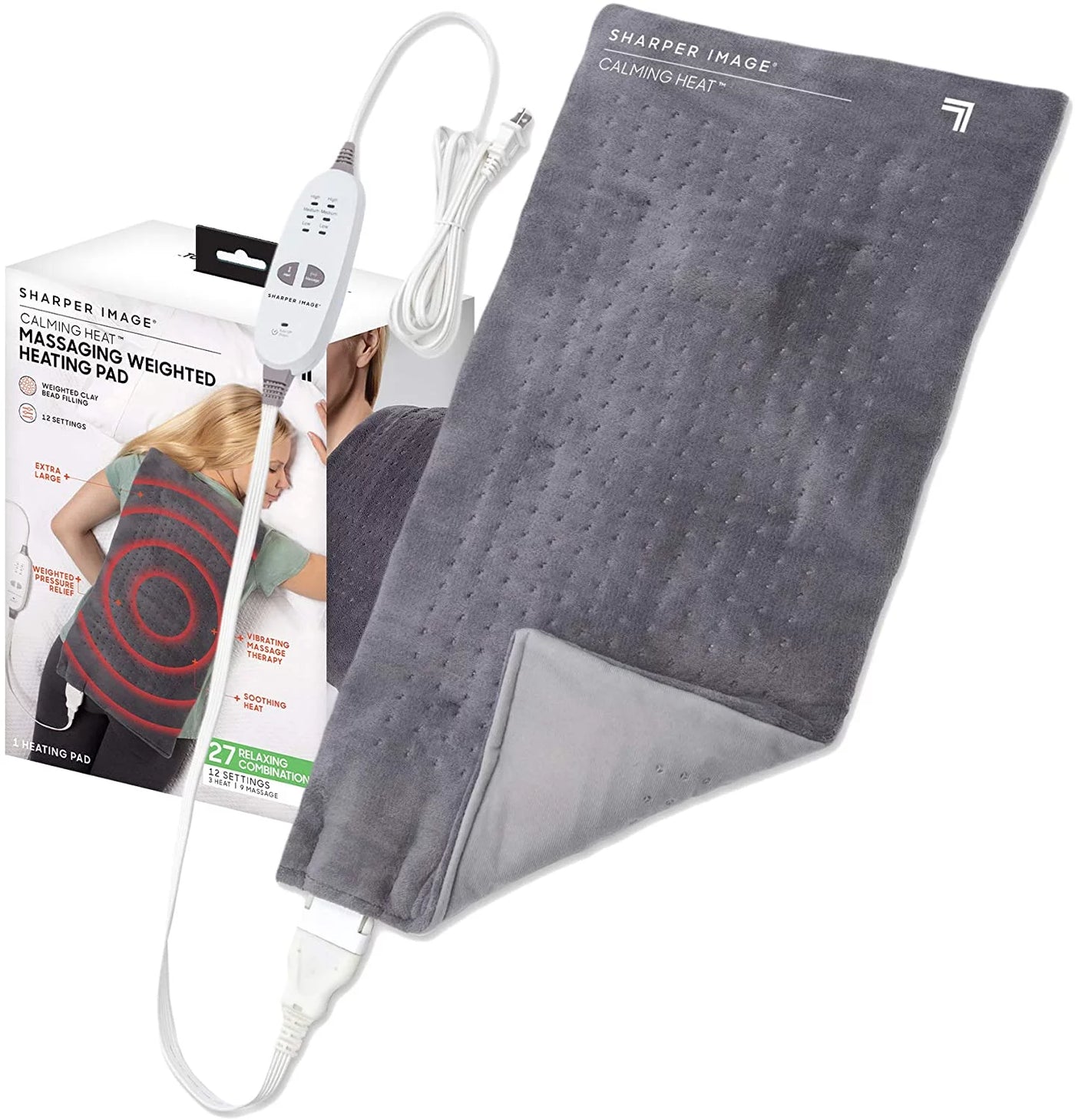 Calming Comfort Heat Massaging Weighted Heating Pad by Sharper Image with Vibration, 12 Settings- 3 Heat, 12” x 24”, 4 lbs