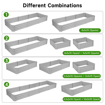 2 Pack 8x3x1ft Galvanized Raised Garden Bed Metal Above Ground Planter Box Kit Outdoor for Vegetables Flowers Herbs, Adjustable to 4 different sizes of rectangular steel bottomless shelves(Gray)