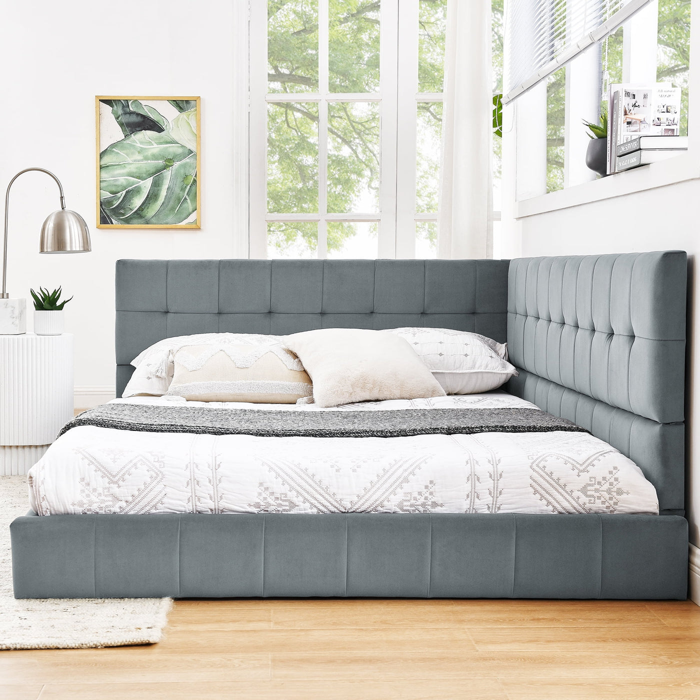 Full Size Upholstered Tufted Bed Frame with Comfortable Backrest and Armrests, Velvet Sofa Bed for Bedroom or Living Room, Grey (80.5'' x 59'' x 30.5'')