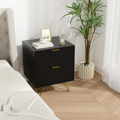 RSJIWOGZ Black Nightstand with 2 Drawers 17.7" W Modern Small End with Gold Handle & Cute Nightstand for Small Space Bedroom and Living Room Black