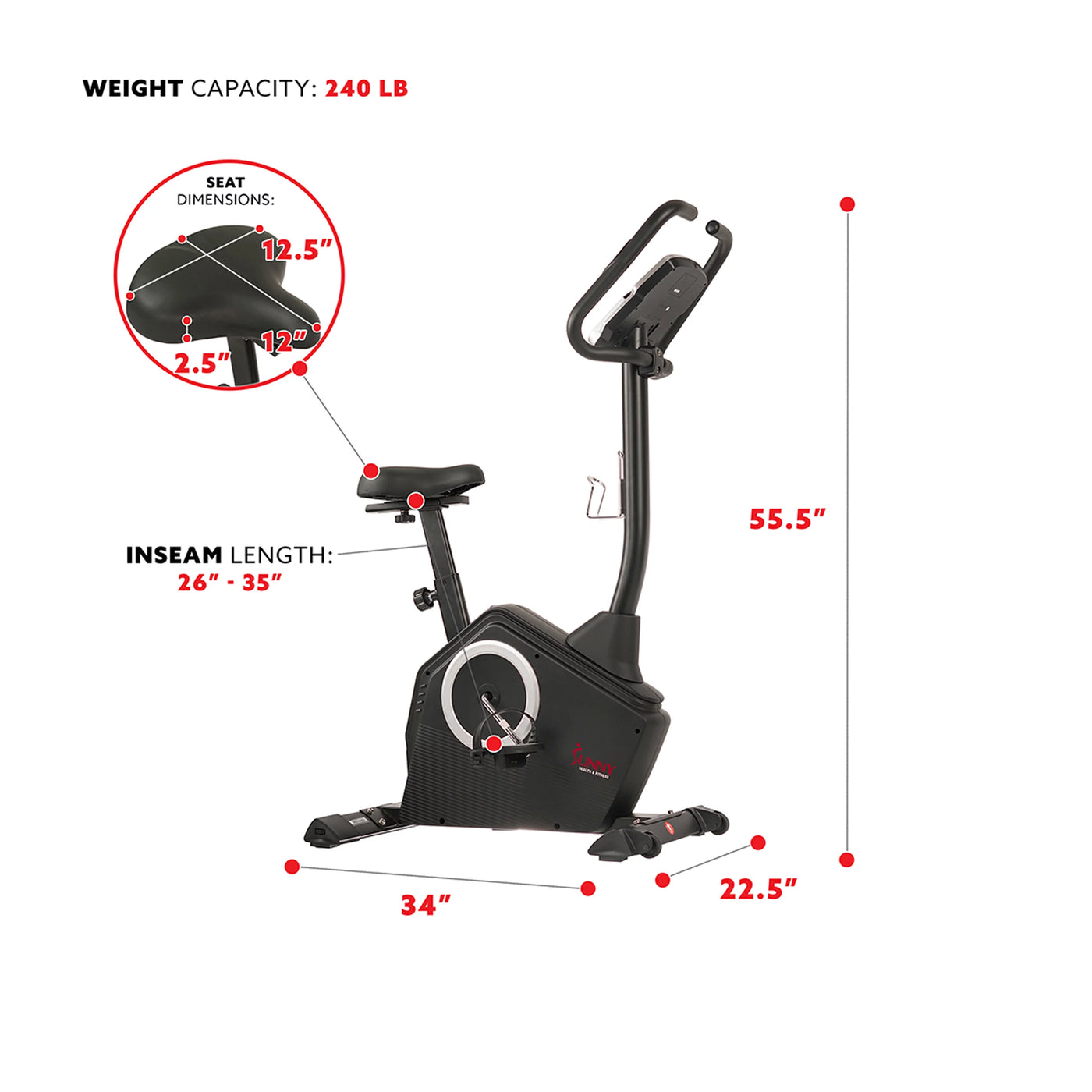 Sunny Health & Fitness Magnetic Upright Exercise Bike w/ LCD, Pulse Monitor, Stationary Cycling and Indoor Home Workouts SF-B2883