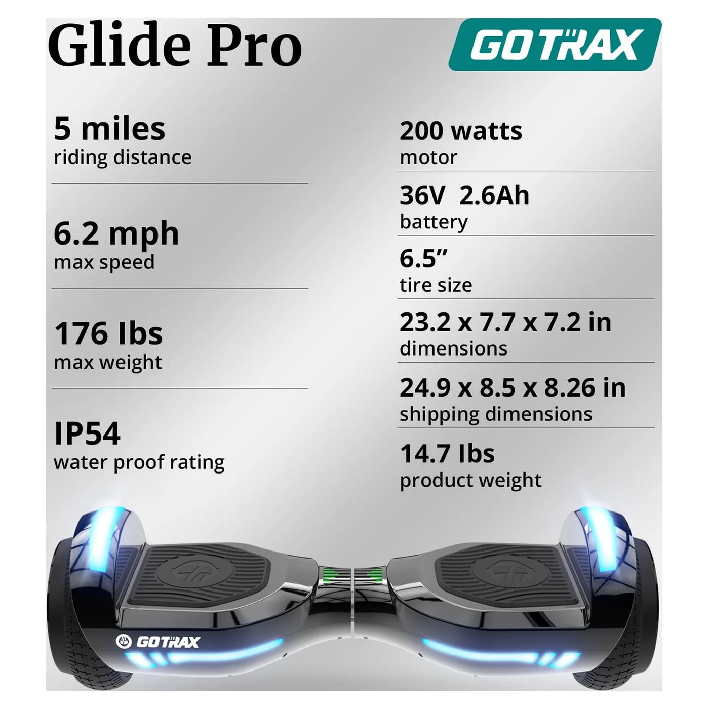 GOTRAX GLIDE PRO Bluetooth Hoverboard, 6.5" Wheels and 7 Colors Lights Self Balancing Scooters for 44-176lbs Kids Adults Silver