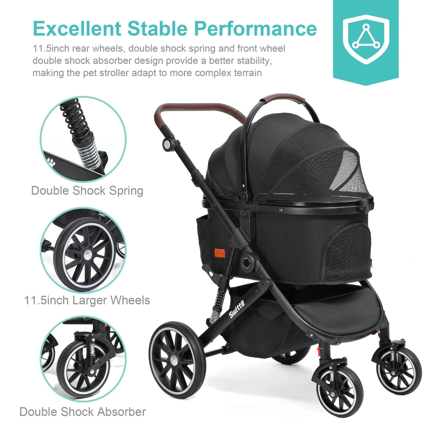 SWITTE Pet Stroller Foldable Dog & Cat Stroller 3-in-1 4 Wheels Travel Jogger, Black