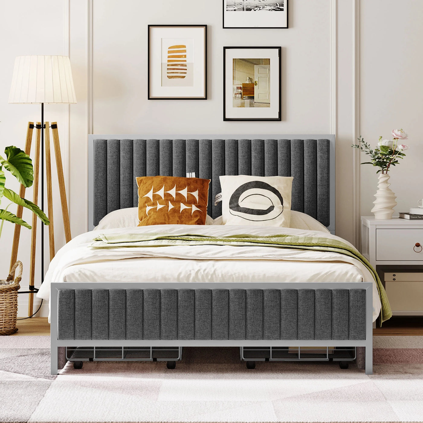 Roomfitters Full Size Metal Frame Upholstered Bed with 4 Drawers, Linen Fabric, Gray