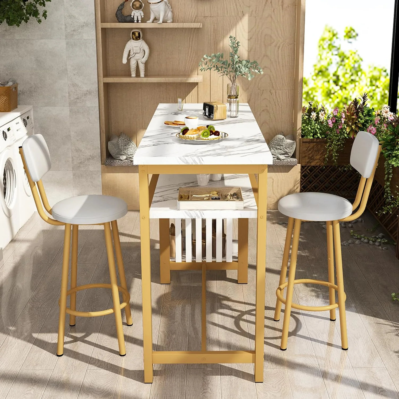 3-Piece Bar Table and Chairs Set, Modern White Faux Marble Table with 2 PU Cushion Bar Stools, Kitchen Counter with 3 Tier Storage Shelves, Space Saving Table for Home & Kitchen, Gold Frame