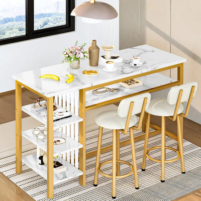 3-Piece Bar Table and Chairs Set, Modern White Faux Marble Table with 2 PU Cushion Bar Stools, Kitchen Counter with 3 Tier Storage Shelves, Space Saving Table for Home & Kitchen, Gold Frame