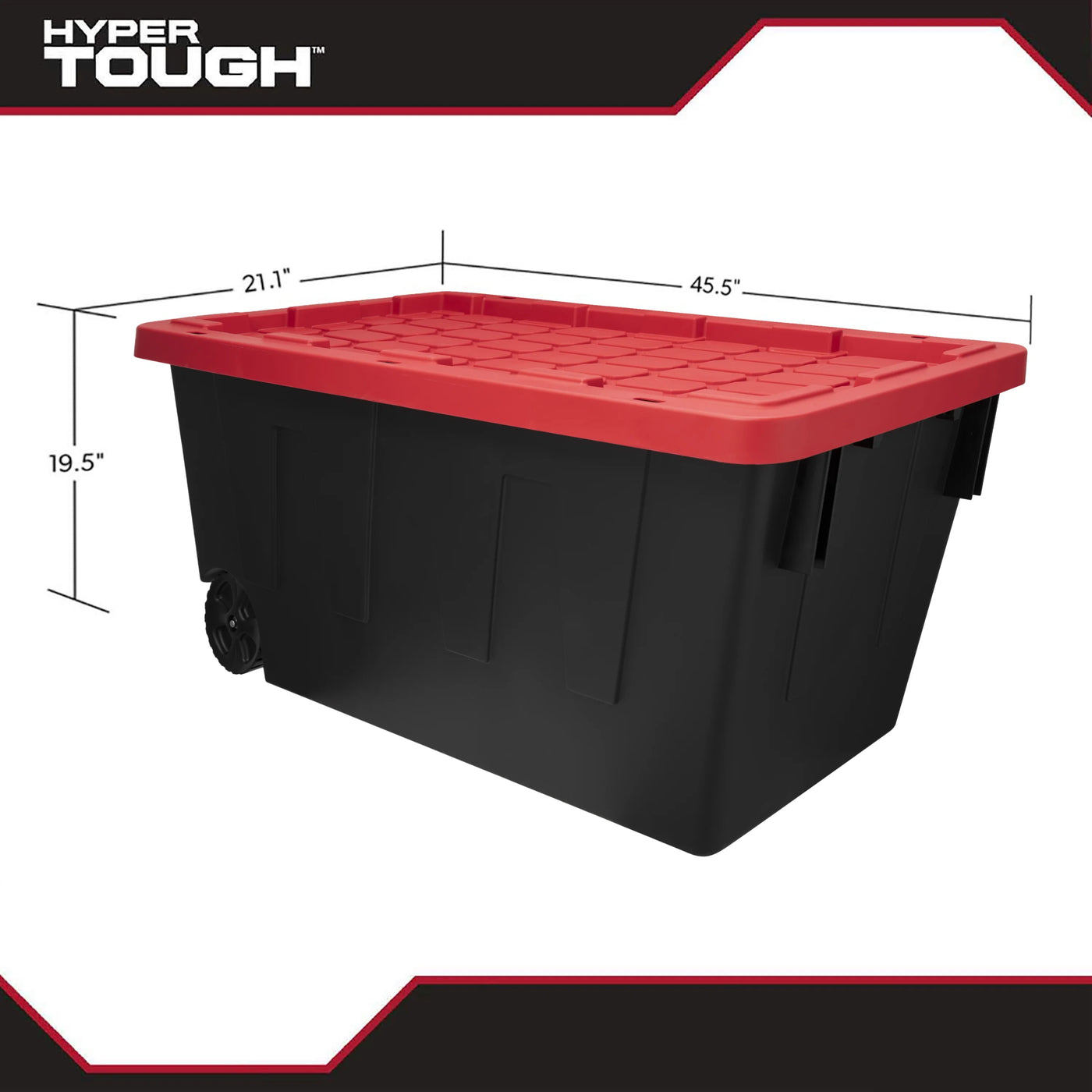 Hyper Tough 50 Gallon Snap Lid Wheeled Plastic Storage Bin Container, Black with Red Lid