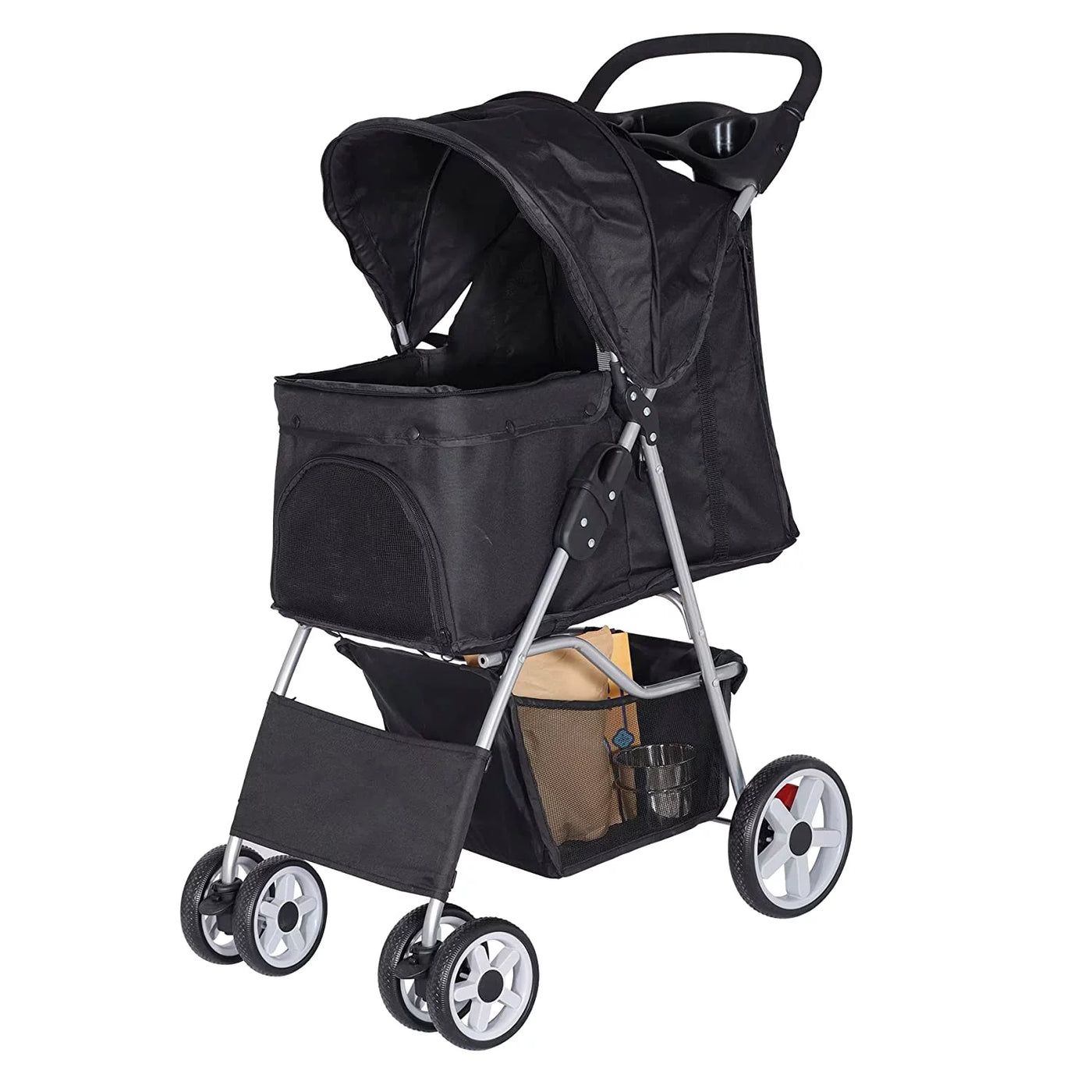 Foldable Pet Stroller, Cat/Dog Stroller with 4 Wheel, Pet Travel Carrier Strolling Cart with Storage Basket, Cup Holder, Black