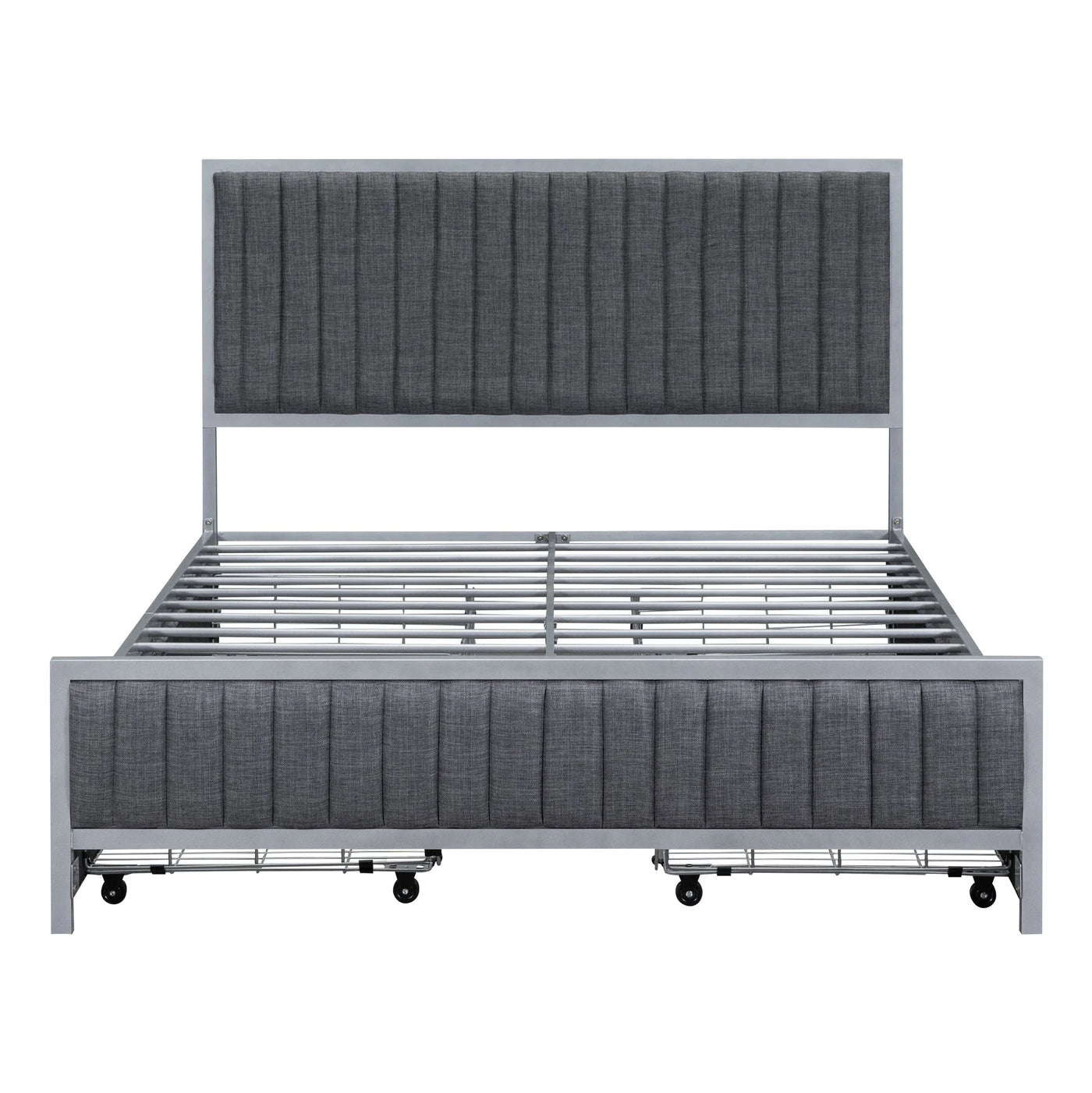 Roomfitters Full Size Metal Frame Upholstered Bed with 4 Drawers, Linen Fabric, Gray