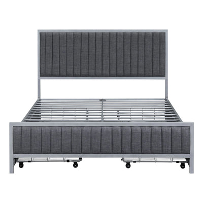 Roomfitters Full Size Metal Frame Upholstered Bed with 4 Drawers, Linen Fabric, Gray