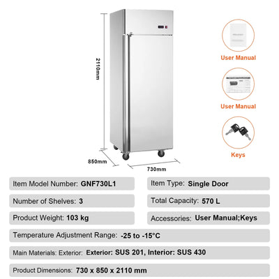 SKYSHALO Commercial Freezer 19.32 Cu.ft Reach In Upright Freezer 1 Door 4 Shelves