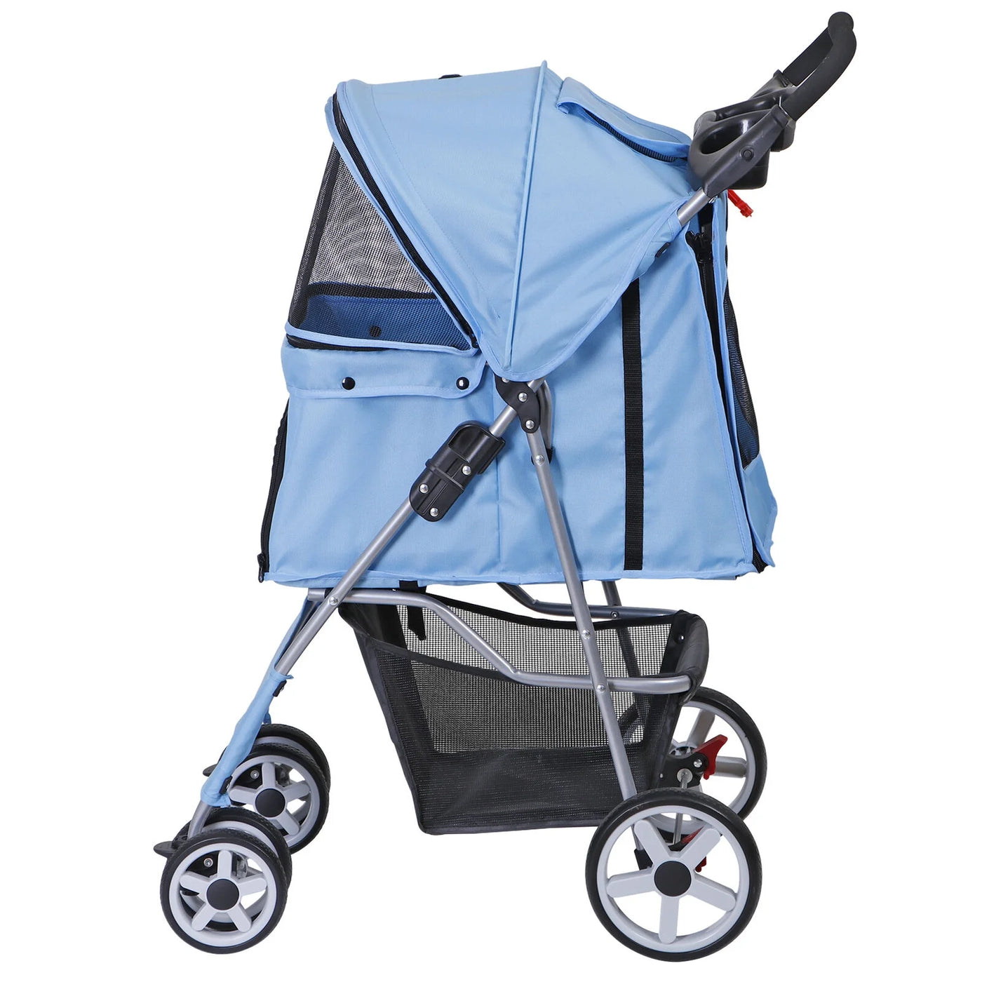 Foldable Carrier Strolling Cart 4 Wheel Pet Stroller for Cat, Dog w/ Cup Holder