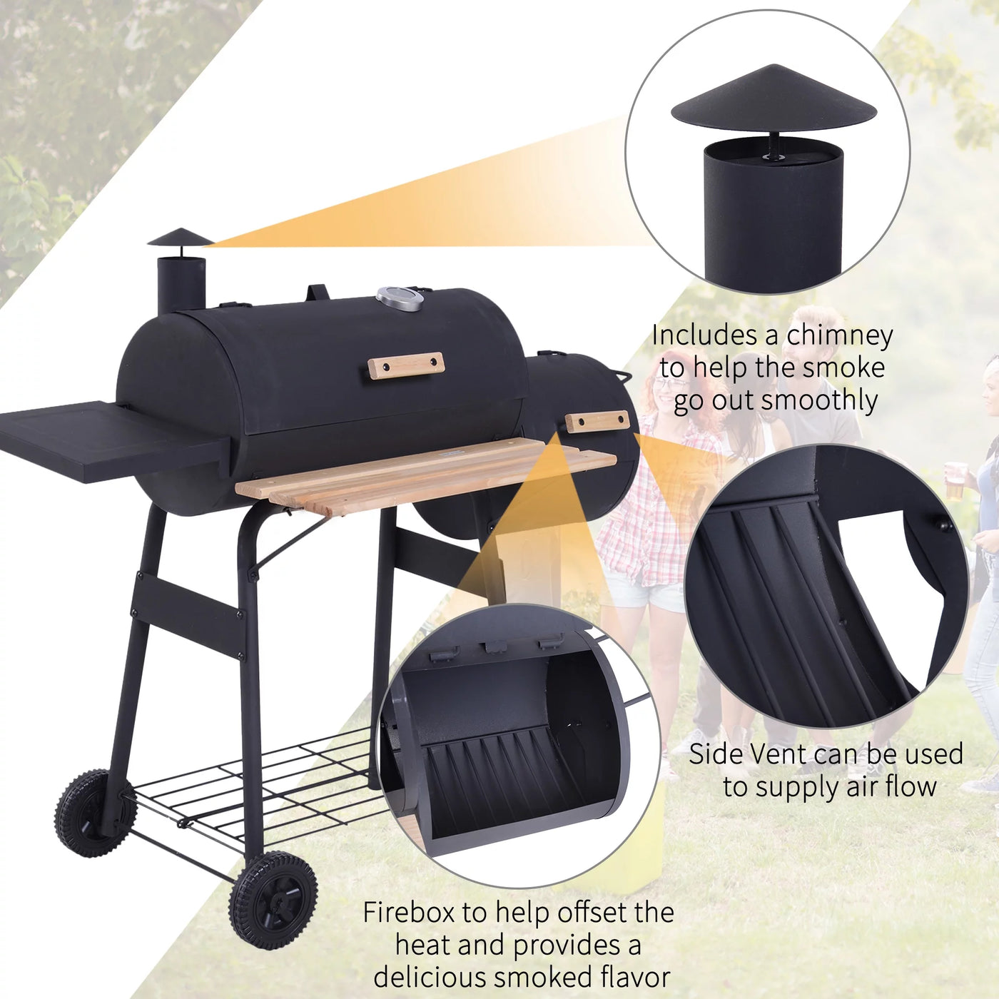 Outsunny 48" Steel Portable Backyard Charcoal BBQ Grill and Offset Smoker Combo