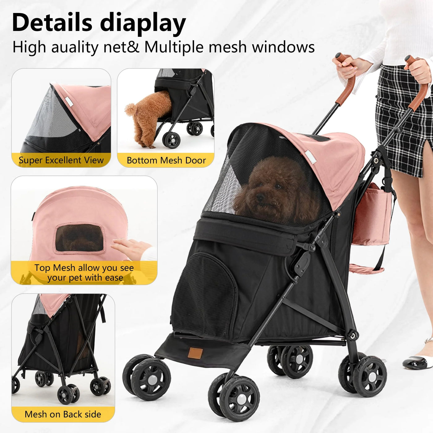 3 in 1 Folding Pet Dog Stroller, Dog Cat Stroller with Storage Basket and Cup Holder Portable Travel Carriage 4 Wheels for Small Medium Cats, Dogs and Puppy (Pink)