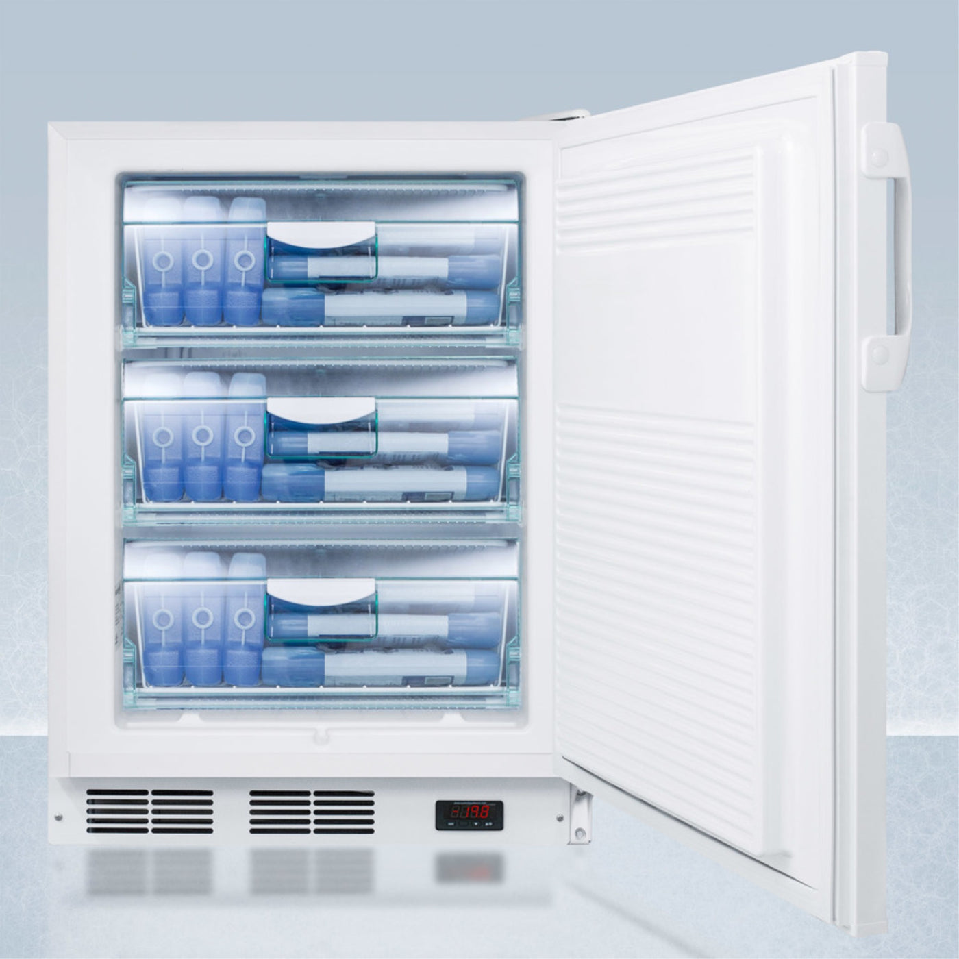 ADA compliant 24" wide all-freezer for built-in commercial use, manual defrost with a traceable thermometer, lock, and -25C capability