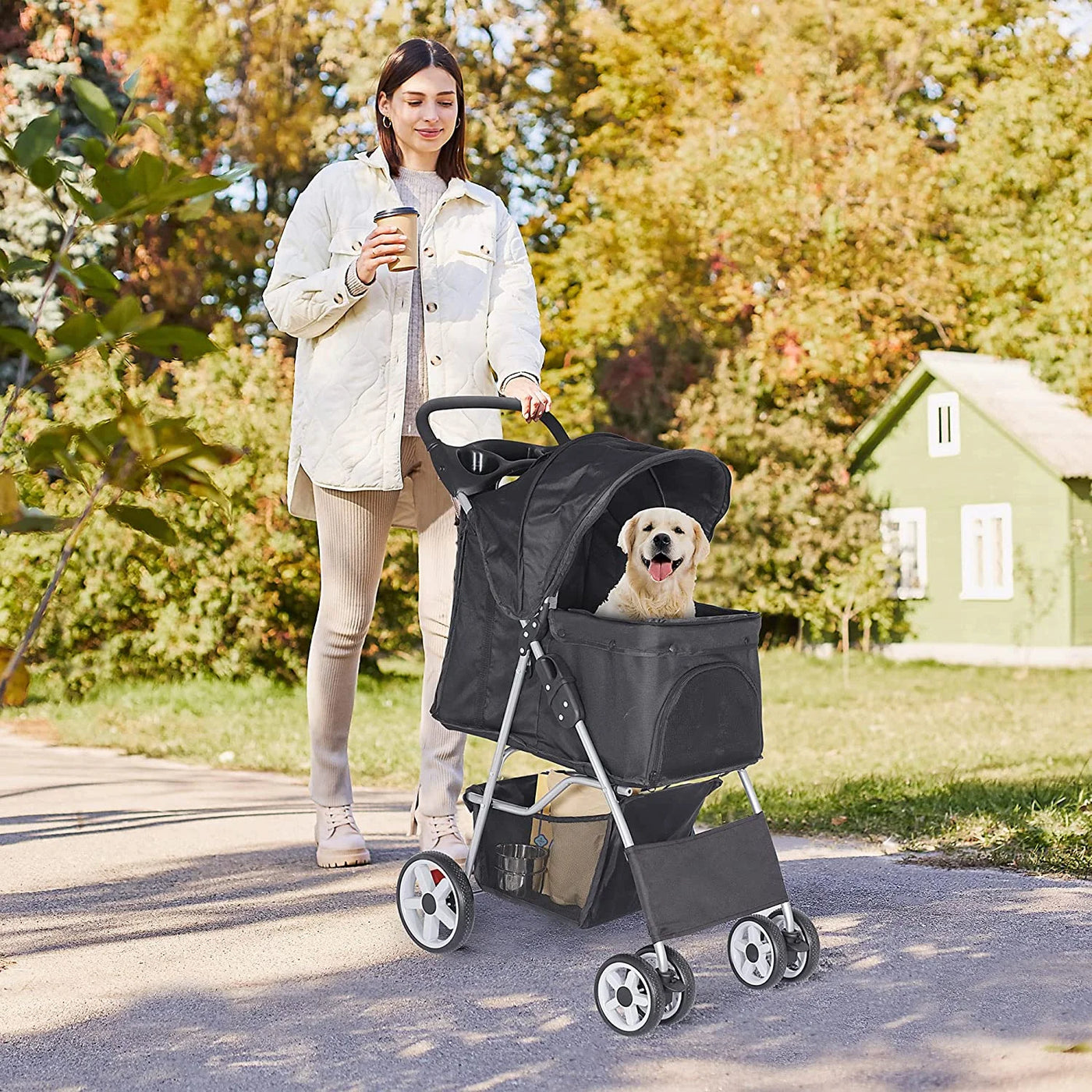 Foldable Pet Stroller, Cat/Dog Stroller with 4 Wheel, Pet Travel Carrier Strolling Cart with Storage Basket, Cup Holder, Black