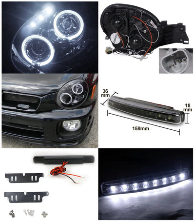 Spec-D Tuning Glossy Black Halo Projector Headlight + Bumper LED Fog Lamp Compatible with Impreza Left + Right Pair Headlamps Assembly