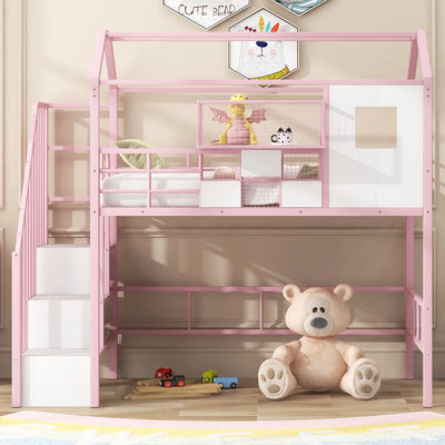 Pink Twin Metal Loft Bed with Unique Roof Design and Convenient Storage Box for Kids‘ Bedroom. Add Charm and Style to Your Child‘s Room with this Space-saving and Chic Furniture Piece.