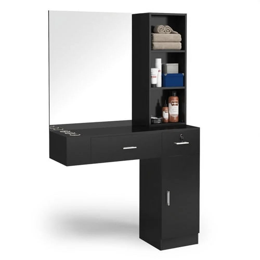 OmySalon Wall Mount Barber Salon Stations for Hair Stylist, Beauty Styling Equipment Organizer w/Mirror, Hair Salon Supply cabinet w/1 Storage Cabinet, 2 Drawers & 3 Tier Shelf (Black)