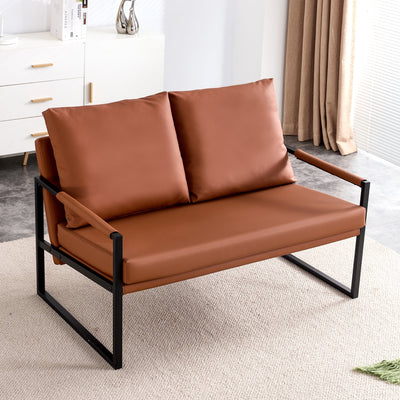 Modern Two-Seater Sofa Chair with 2 Pillows - PU Leather, High-Density Foam, Black Coated Metal Frame.Brown SF-D008