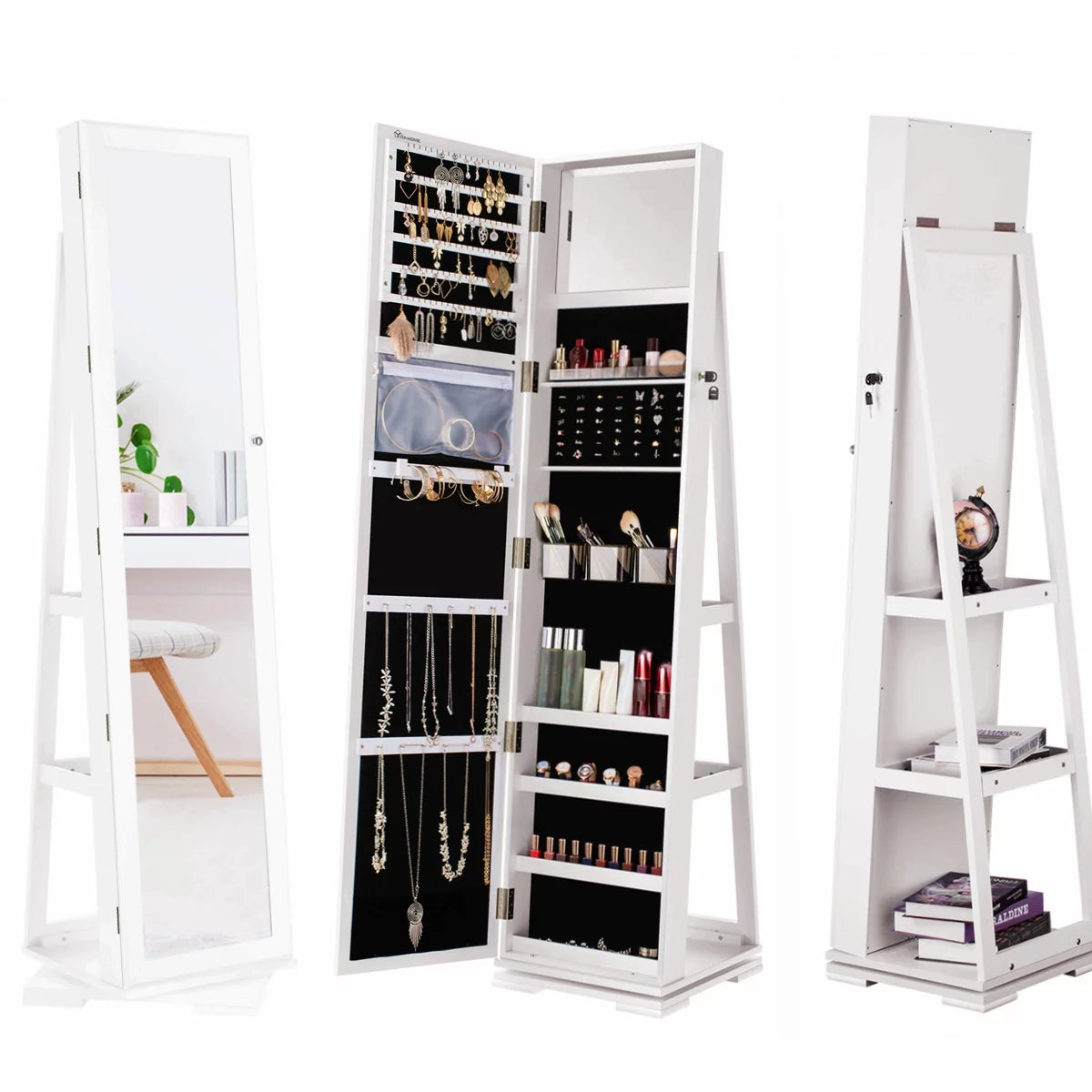 Dextrus 360° Swivel Jewelry Cabinet, Lockable Standing Jewelry Armoire with Full-Length Mirror, Rear Storage Shelves, White