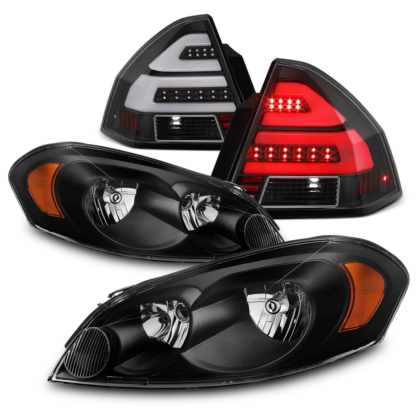 AKKON - Fits 2006-2013 Chevy Impala 2014-2016 Impala Limited Black Headlights + LED [Tube Bar] Black Tail Light Combo Pair