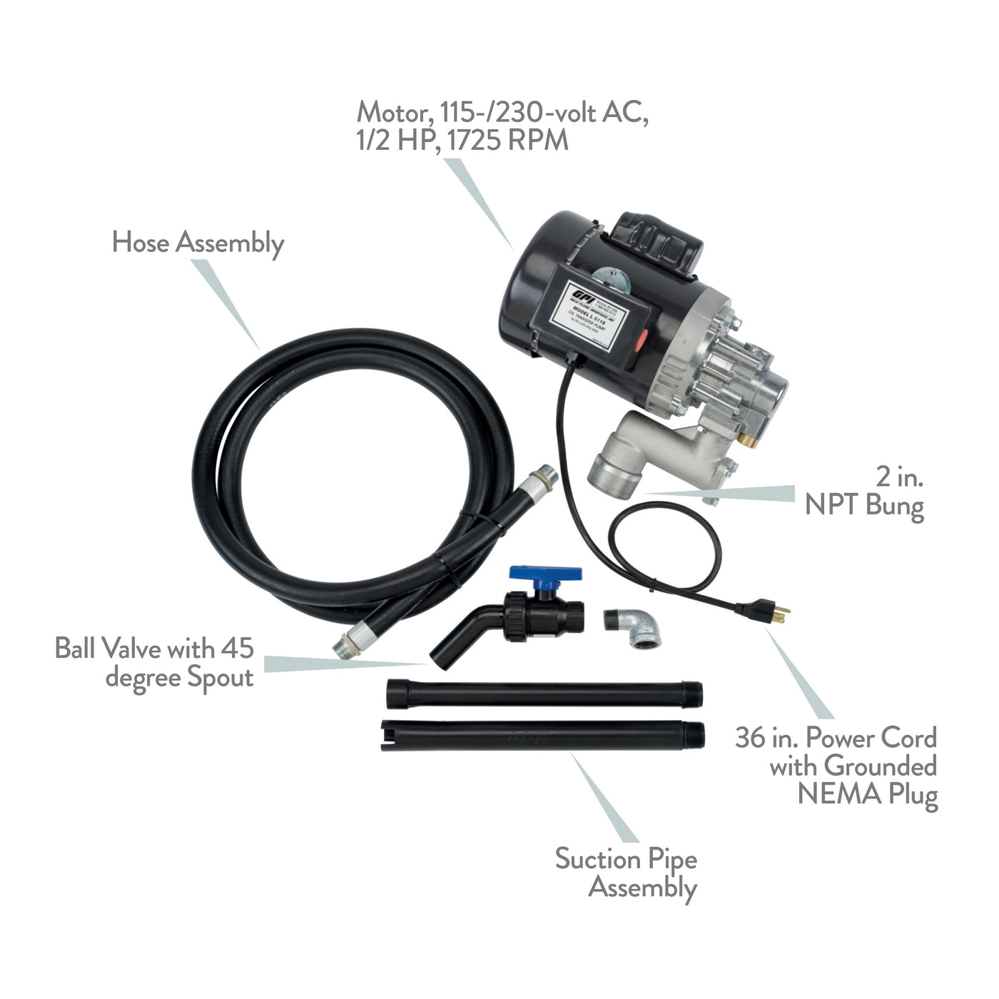 GPI - L5116 High Viscosity Oil Pump, 16 QPM, 115V/230AC Oil Transfer Pump for Viscous Fluids that Features a 0.75” Ball Valve Nozzle, 8 Foot Hose, 3 Foot Power Cord with Three-Prong Plug (142100-01)