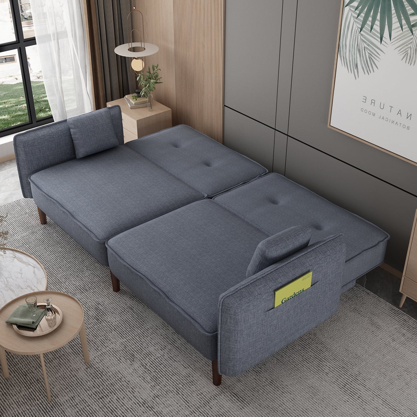 Modern Grey Fabric Futon Sofa Bed with Solid Wood Legs, Convertible Sleeper Sofa with Accent Pillows