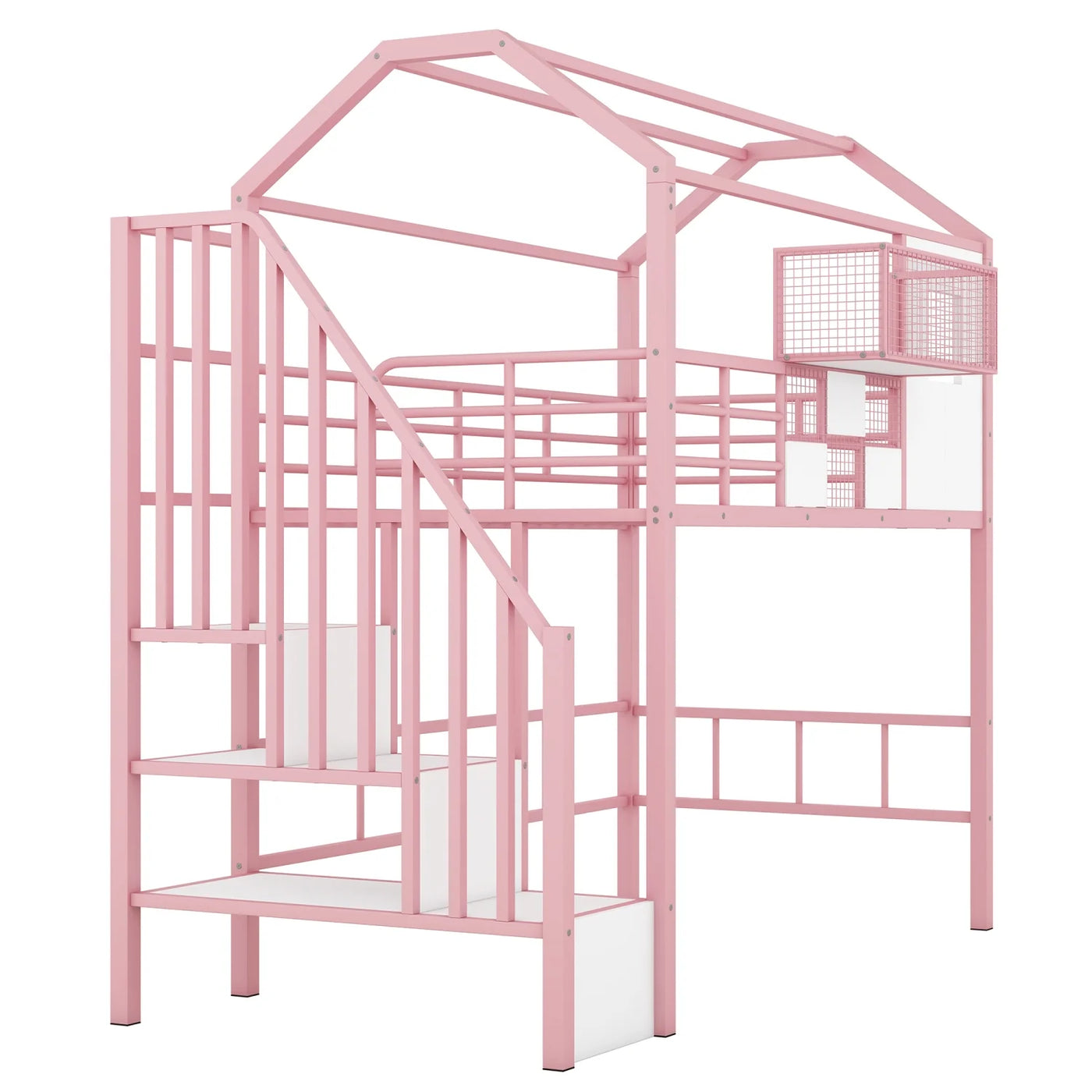 Pink Twin Metal Loft Bed with Unique Roof Design and Convenient Storage Box for Kids‘ Bedroom. Add Charm and Style to Your Child‘s Room with this Space-saving and Chic Furniture Piece.