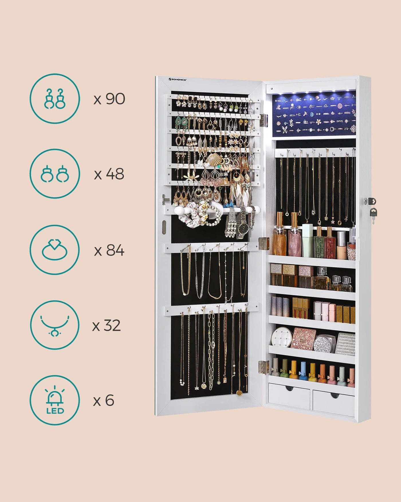 SONGMICS Hanging Mirror Jewelry Cabinet Wall or Door Mounted Jewelry Armoires with LED Interior Lights Jewelry Organizer Box Holder Full-Length Mirror White