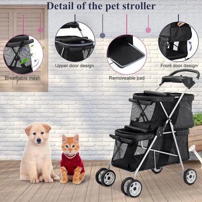 4 Wheels Pet Stroller Dog Cat Stroller, Foldable 2 Cages Strollers Kitten Puppy Carriages w/Cup Holders Soft Pad for Small Medium Dogs Cats (Black)