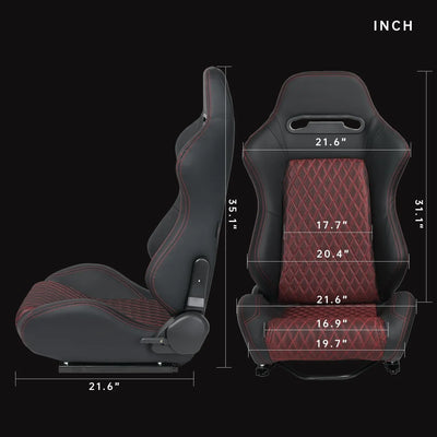 Universal Set of 2 Racing Seats Pair Black Leather Reclinable Bucket Sport Seats