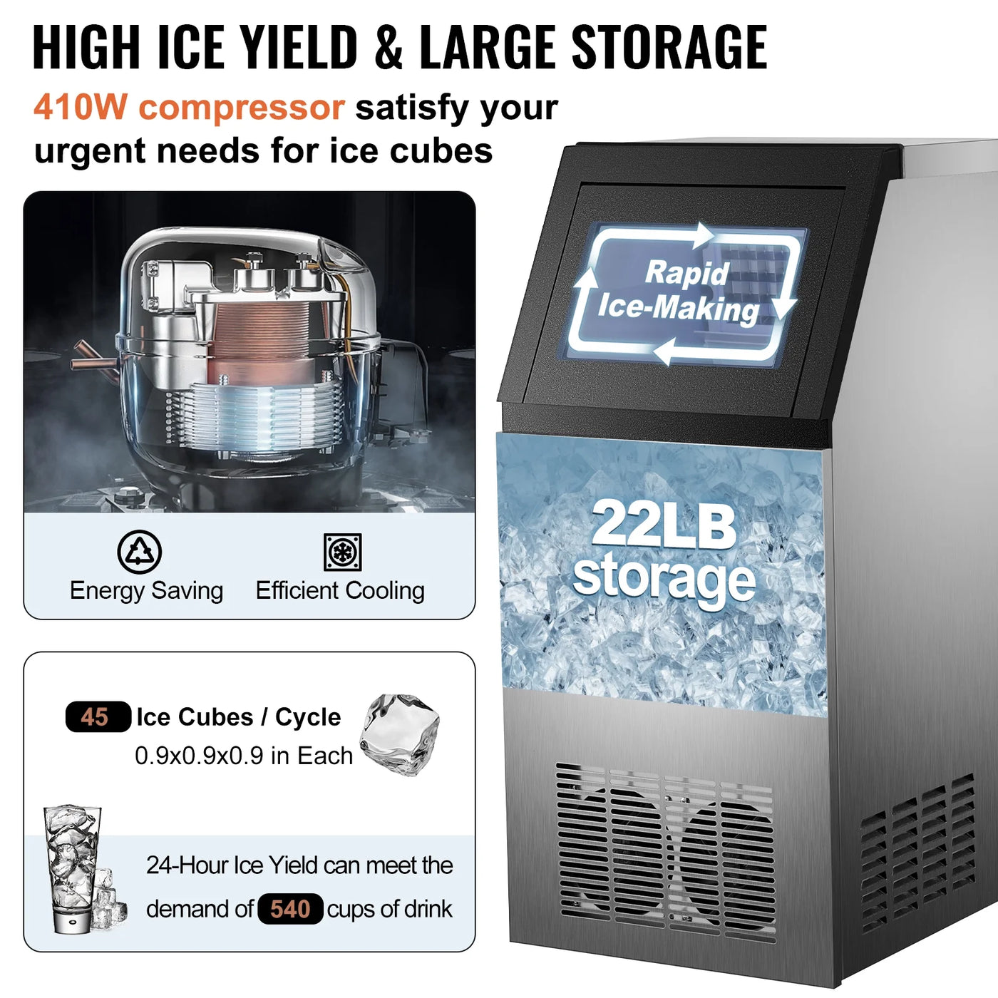 SKYSHALO 110V Commercial Ice Maker 120lbs/24h with 29lbs Storage 5x9 Cubes Stainless Steel Auto Clean for Bar Home Supermarkets Includes Scoop and Connection Hose