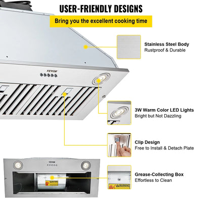 VEVOR Insert Range Hood 800CFM 3-Speed Inch Stainless Steel Built-in Kitchen Vent 30In