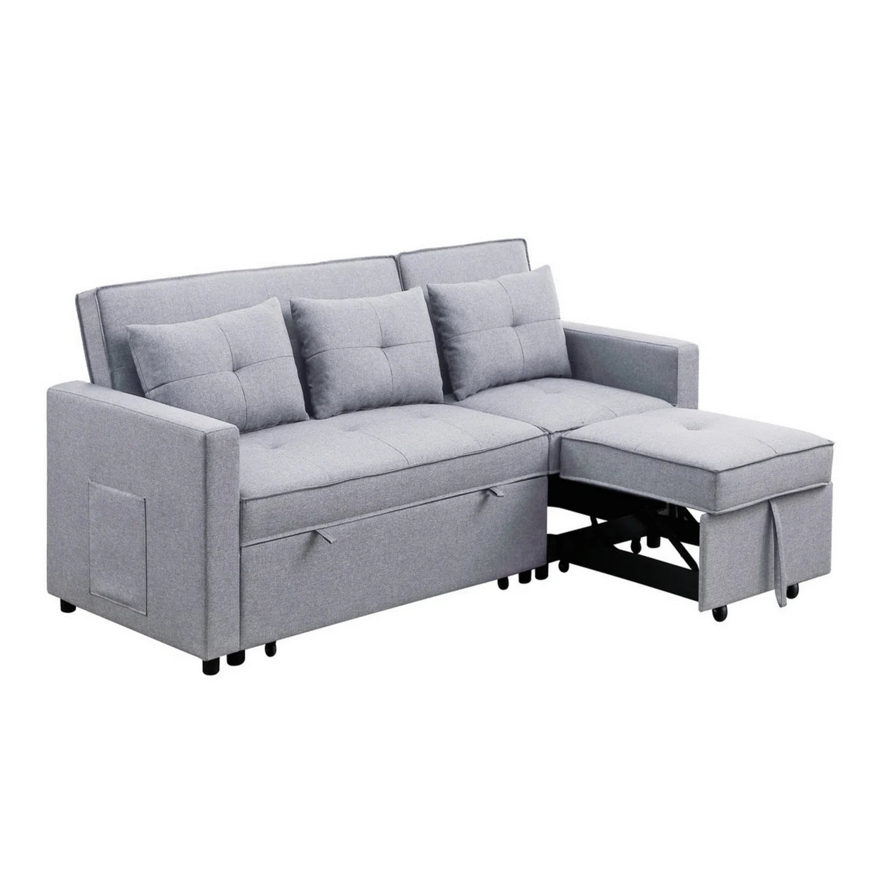 Benjara BM286632 80 in. Jayce Wood Convertible Sleeper Sofa with Side Pocket, Light Gray & Black