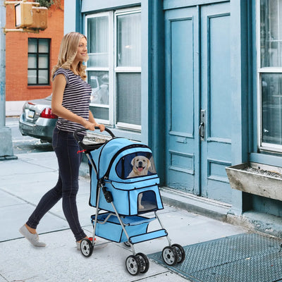 Dkelincs 4 Wheels Pet Stroller Folding Dog Cat Stroller Travel Carrier with Cup Holder & Storage Basket, Blue