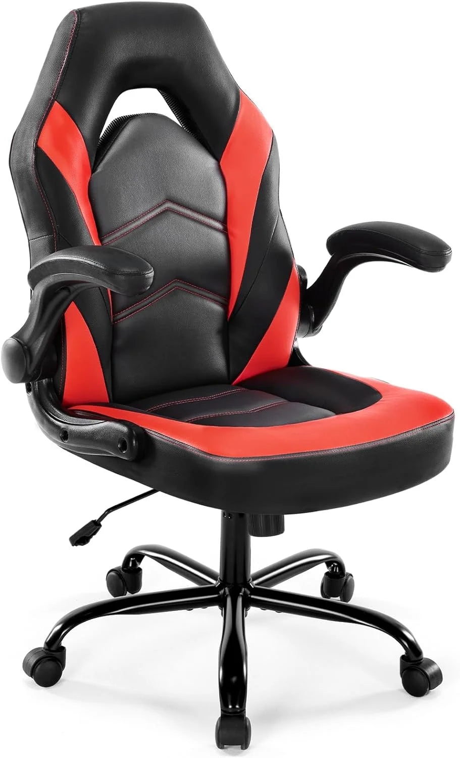 Ergonomic Computer Gaming Chair - Home Office Desk with PU Leather Lumbar Support, Height Adjustable Big and Tall Video Game with Flip-up Armrest, Swivel Wheels for Adults and Teens