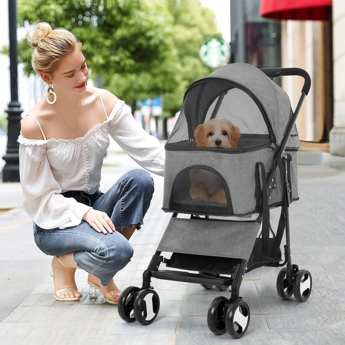 Dkeli 4 Wheels Dog Stroller Folding Pet Stroller Cat Stroller for Medium Dogs with Detachable Carrier, Grey