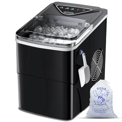 Ice Makers Countertop, Self-Cleaning Function, Portable Electric Ice Cube Maker Machine, 9 Pellet Ice Ready in 6 Mins, 26lbs 24Hrs with Ice Bags and Scoop Basket for Home Bar Camping RV(Black)