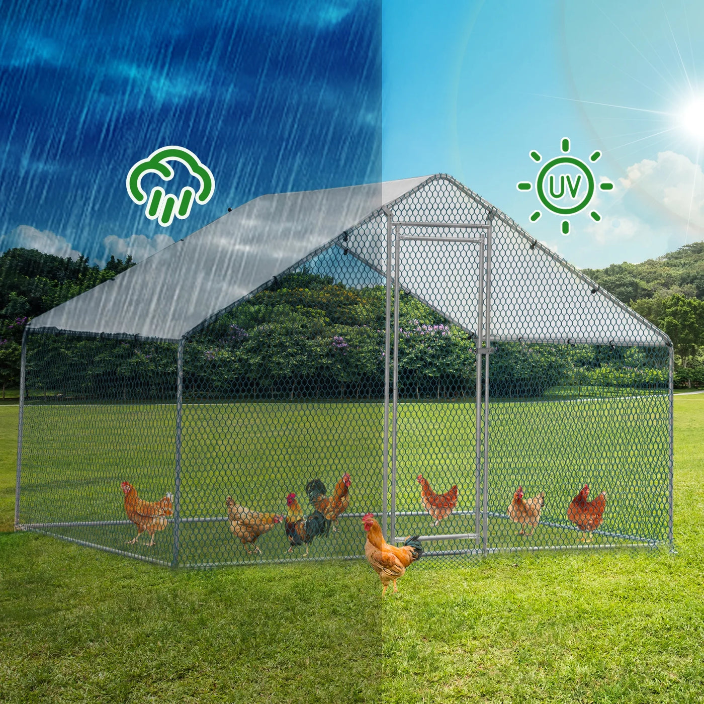 ZephyPaws 6.5 x 10 ft Large Metal Chicken Coop, Walk-in Poultry Cage Chicken Hen Run House with Waterproof Cover, Rabbits Cats Dogs Farm Pen for Outdoor Backyard Farm Garden