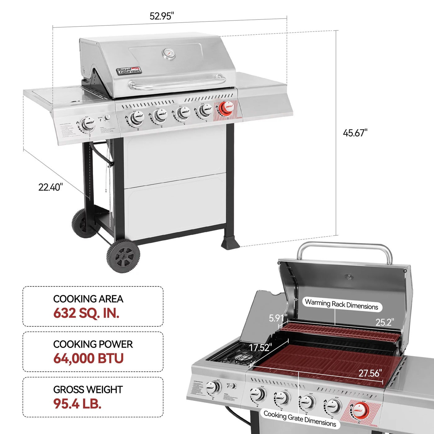 Royal Gourmet GA5401T 5-Burner BBQ Liquid Gas Grill with Sear Burner and Side Burner, 64,000 BTU