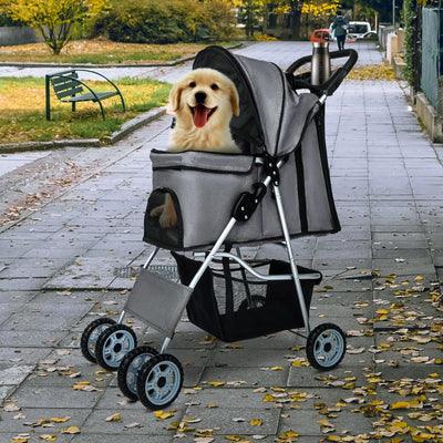 Dkelincs Pet Stroller 4 Wheels Foldable Dog Cat Stroller Travel Carrier with Storage Basket & Cup Holder, Grey