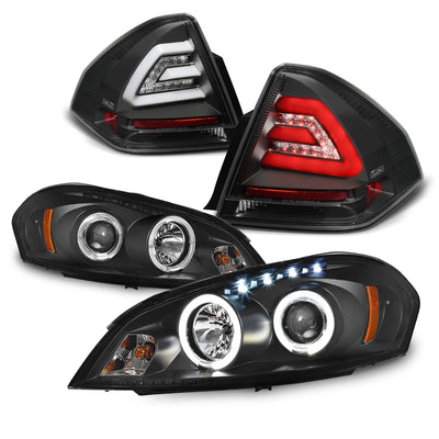 AKKON - Fit 2006-2013 Chevy Impala / Limited Dual Halo DRL Projector LED Headlights + LED Tail Lamps [Black Housing Set]