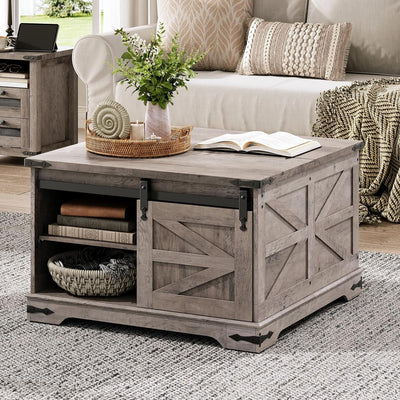 HOOBRO Farmhouse Coffee Table for Living Room with Single Sliding Barn Door Lift Top and Hidden Space Gray BG80KF01