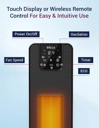 DELLA 26" 1500W PTC Fast and Quiet Ceramic Portable Electric Space Heaters with Realistic 3D Flame & Fire Crackling Sound, 3 Modes, Eco, LED Display, Remote, Safety Indoor Room Tower Heater Fan, Black