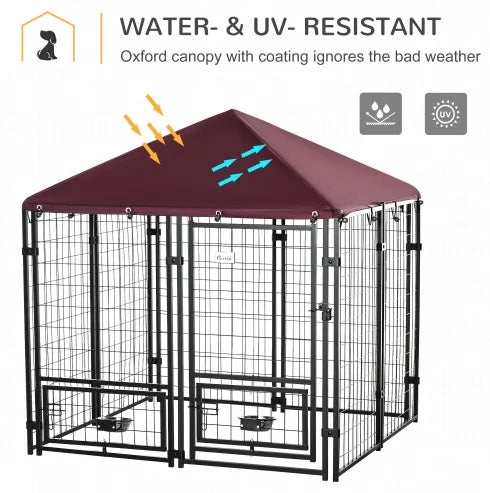 5' x 5' x 5' Dog Kennel Outdoor with Rotating Bowl Holders, Walk-in Pet Playpen, Welded Wire Steel Dog Fence with Water-and UV-Resistant Canopy, Black and Red